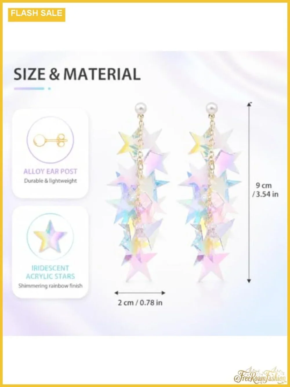 Holographic Star Tassel Dangle Earrings Faux Pearl Gold-Tone Chain Acrylic